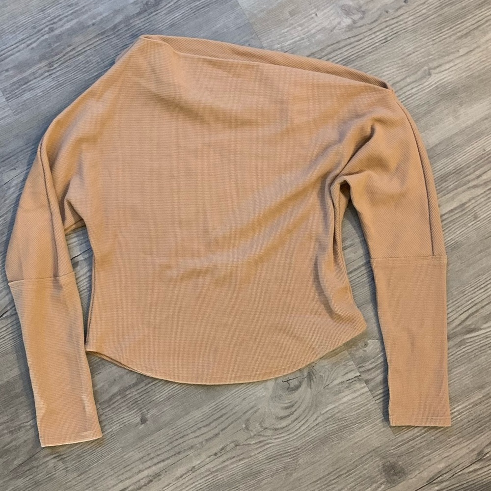 Free People Asymmetrical Off Shoulder Waffle Knit Crop Top Camel NWT